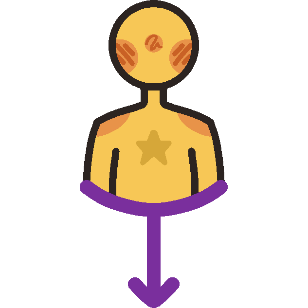 A nondescript yellow person with a star on their chest is positioned above a downward-pointing purple arrow, which has a upward curving base which the body sits inside of. 